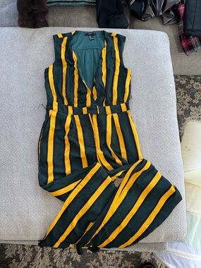 Forever 21 Green and Yellow Striped Sleeveless Jumpsuit